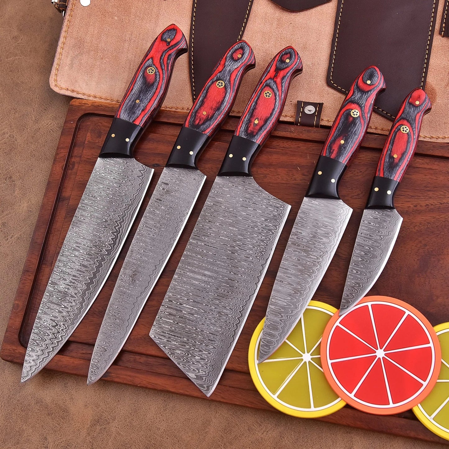 Crimson Vortex 5-piece Damascus chef knife set with red and black dyed wood handles and leather roll by Shard Blade