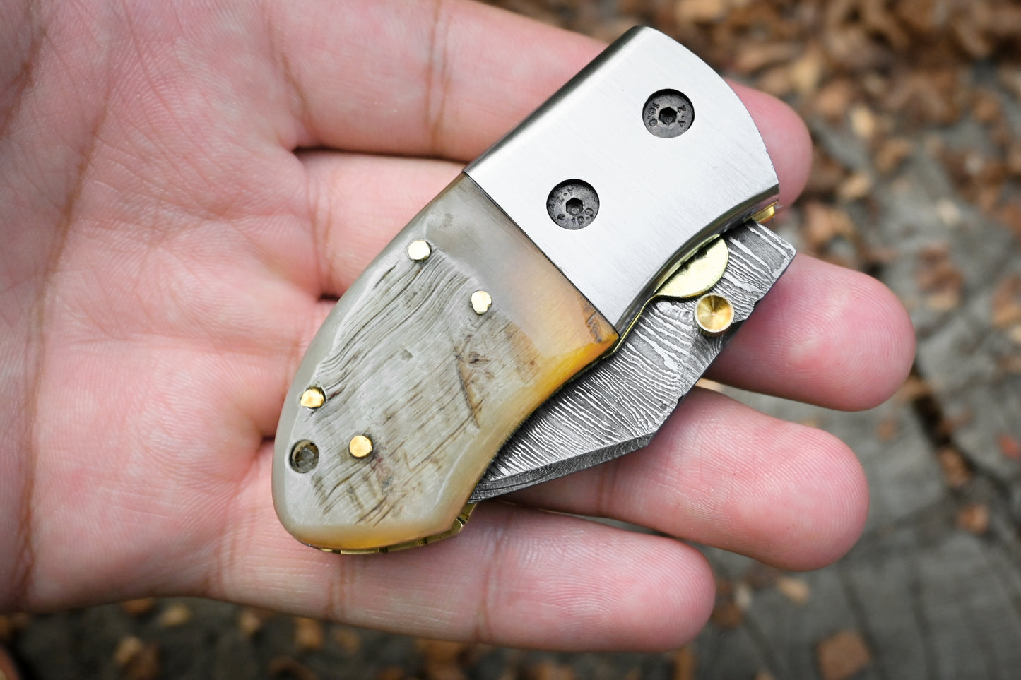 Davy Crockett – Hand Forged Damascus Steel Mini EDC Folding Knife – Ram Horn Handle