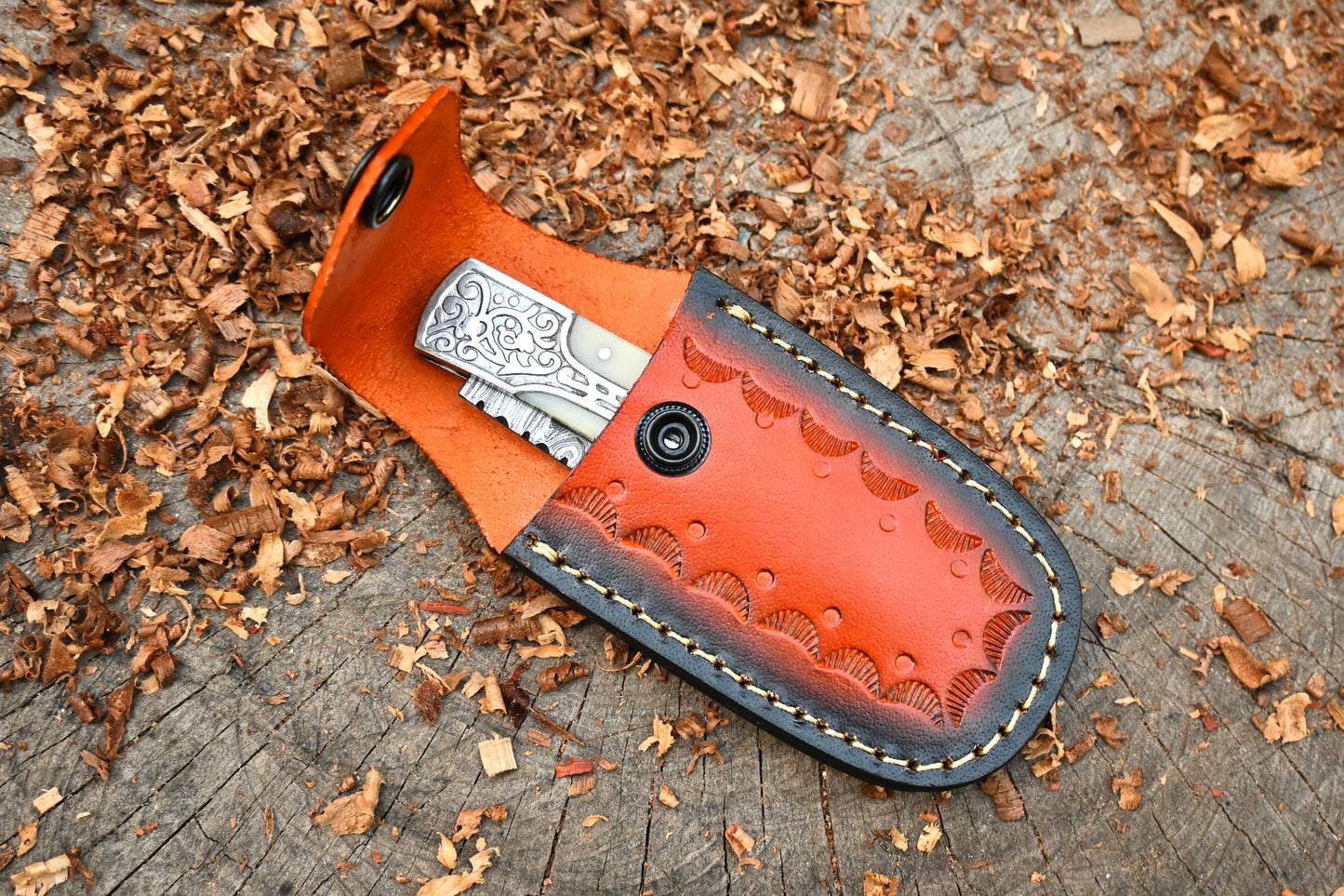 Ivory Edge – Hand Forged Damascus Steel Folding Pocket Knife – Camel Bone Handle & Leather Sheath
