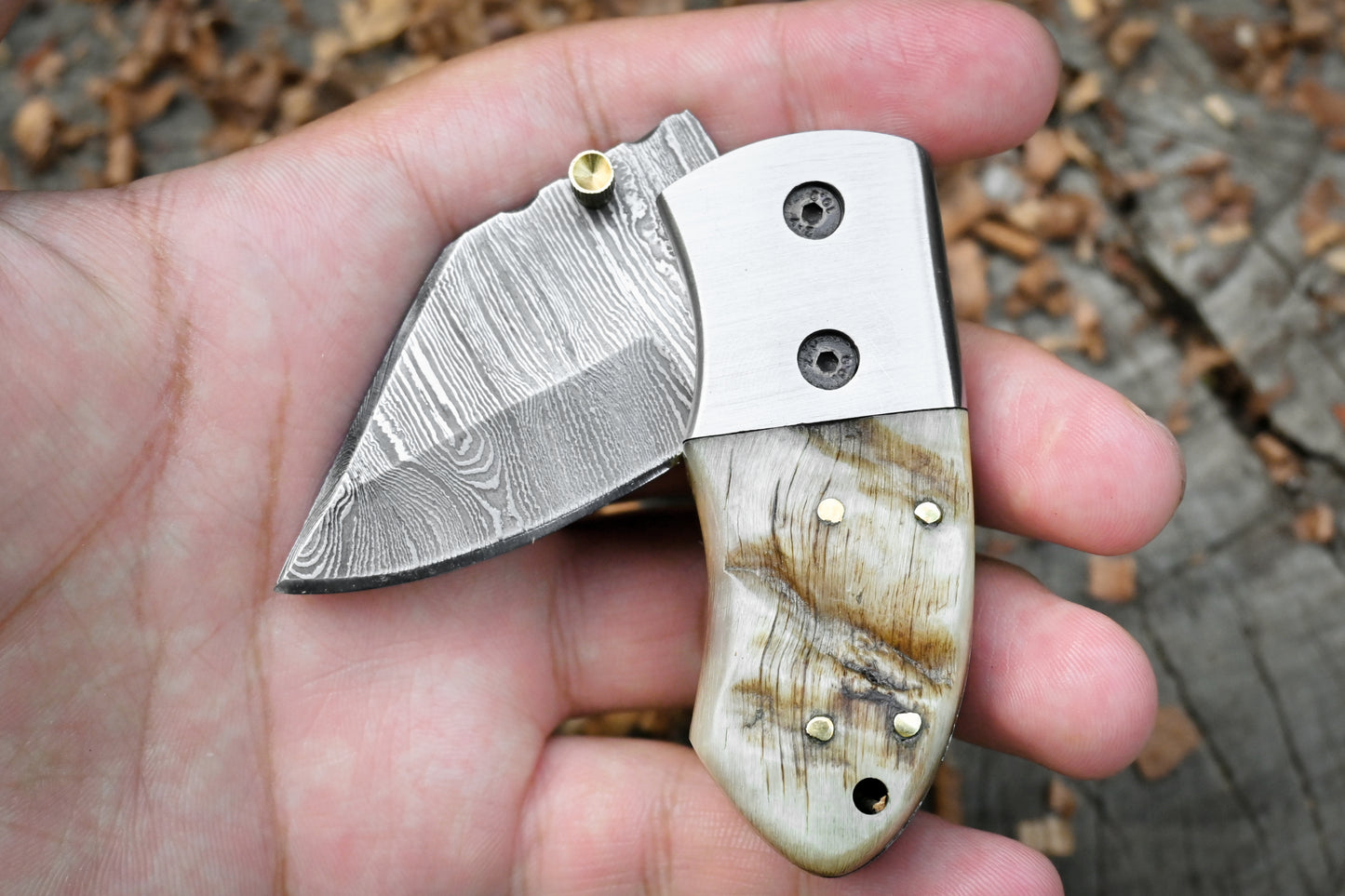 Davy Crockett – Hand Forged Damascus Steel Mini EDC Folding Knife – Ram Horn Handle