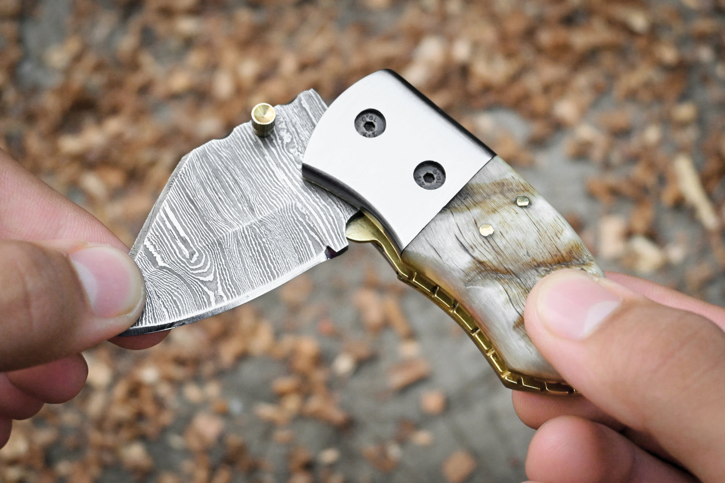 Davy Crockett – Hand Forged Damascus Steel Mini EDC Folding Knife – Ram Horn Handle