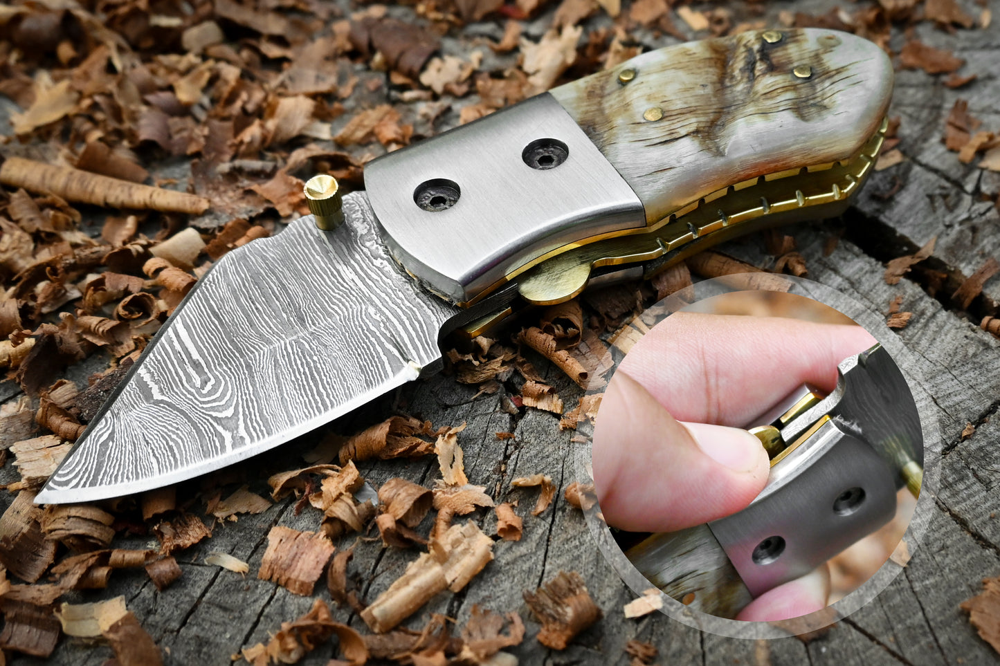Davy Crockett – Hand Forged Damascus Steel Mini EDC Folding Knife – Ram Horn Handle