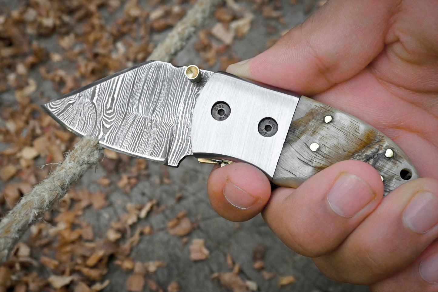 Davy Crockett – Hand Forged Damascus Steel Mini EDC Folding Knife – Ram Horn Handle