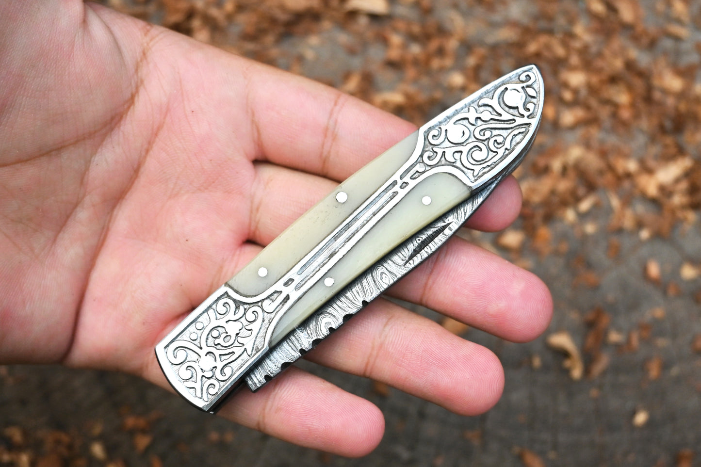 Ivory Edge – Hand Forged Damascus Steel Folding Pocket Knife – Camel Bone Handle & Leather Sheath