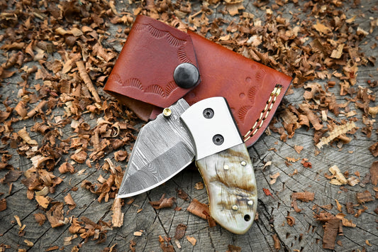 Davy Crockett – Hand Forged Damascus Steel Mini EDC Folding Knife – Ram Horn Handle