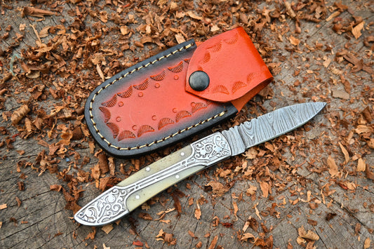Ivory Edge – Hand Forged Damascus Steel Folding Pocket Knife – Camel Bone Handle & Leather Sheath