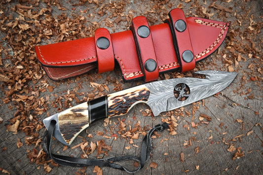 Bobcat Damascus Hunting Knife – 10" Hand-Forged 512-Layer Fixed Blade & Leather Sheath