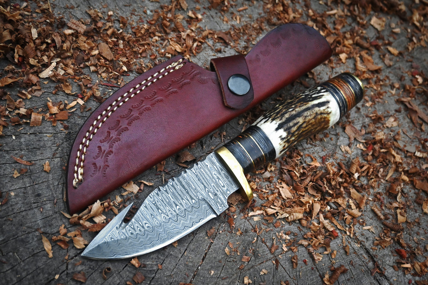Trailblazer – Hand Forged Damascus Steel Hunting Knife – 9" Full Tang Blade & Leather Sheath