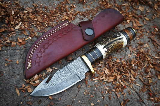 Trailblazer – Hand Forged Damascus Steel Hunting Knife – 9" Full Tang Blade & Leather Sheath