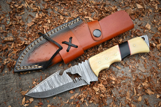 Eagle's Talon | 11" Hand Forged Damascus Steel Hunting Knife – 288-Layer Feather Damascus, Full Tang & Stag Bone Handle