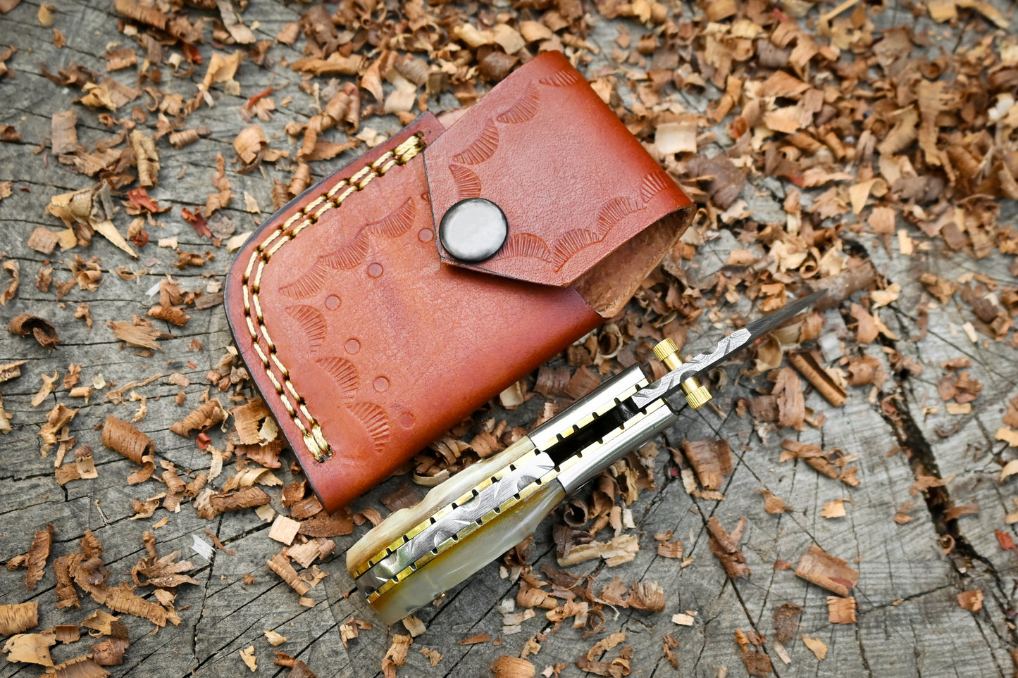 Davy Crockett – Hand Forged Damascus Steel Mini EDC Folding Knife – Ram Horn Handle