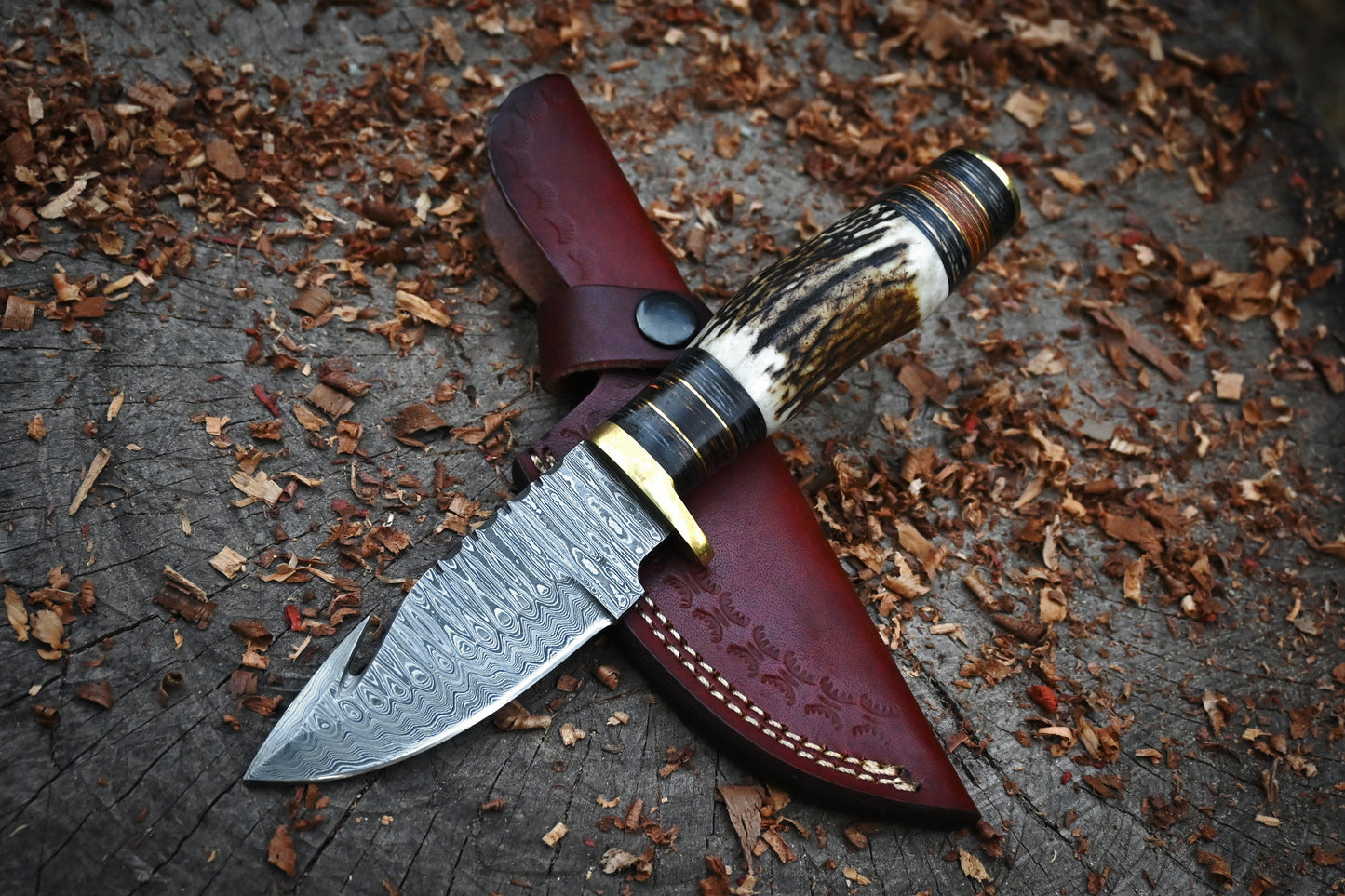 Trailblazer – Hand Forged Damascus Steel Hunting Knife – 9" Full Tang Blade & Leather Sheath