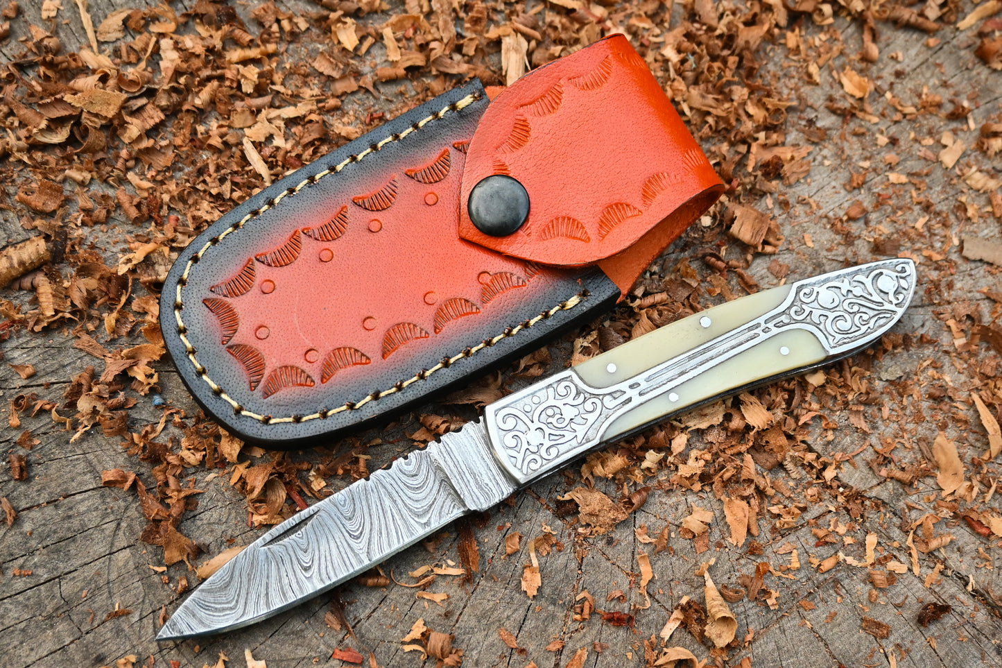 Ivory Edge – Hand Forged Damascus Steel Folding Pocket Knife – Camel Bone Handle & Leather Sheath