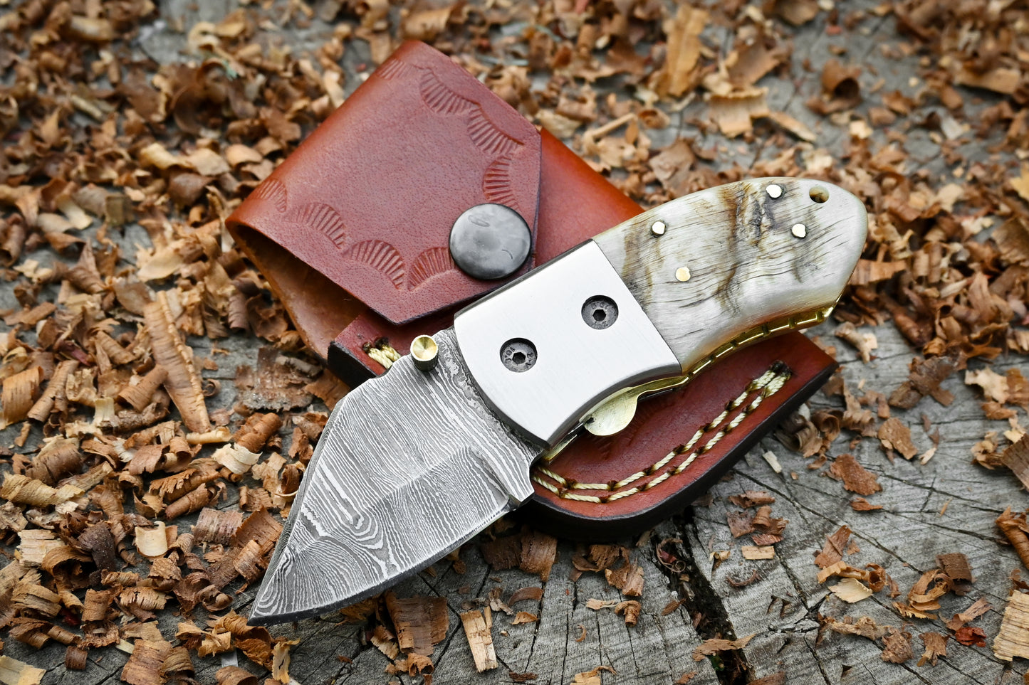 Davy Crockett – Hand Forged Damascus Steel Mini EDC Folding Knife – Ram Horn Handle