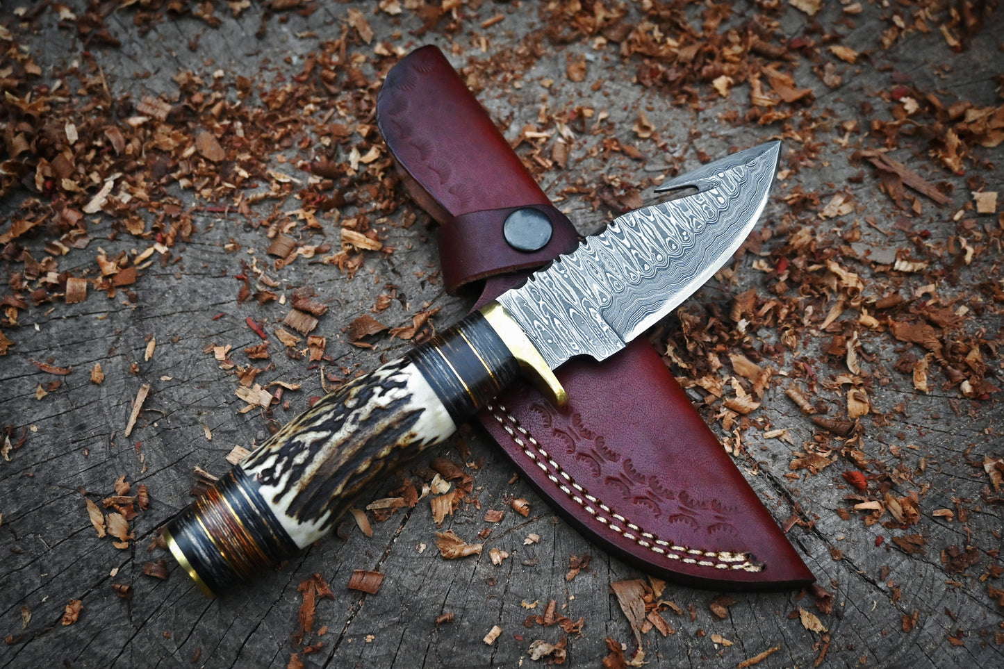 Trailblazer – Hand Forged Damascus Steel Hunting Knife – 9" Full Tang Blade & Leather Sheath