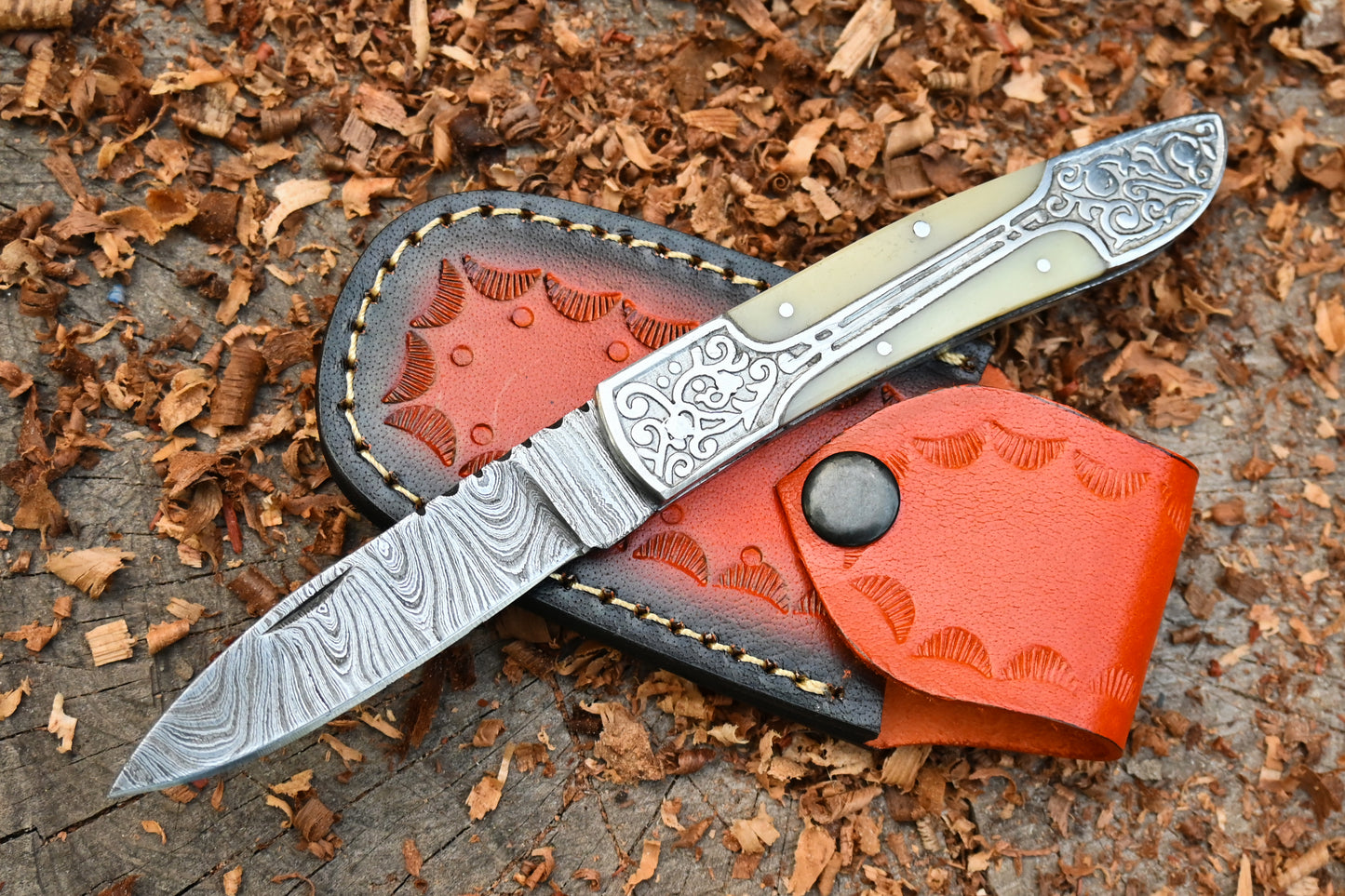 Ivory Edge – Hand Forged Damascus Steel Folding Pocket Knife – Camel Bone Handle & Leather Sheath