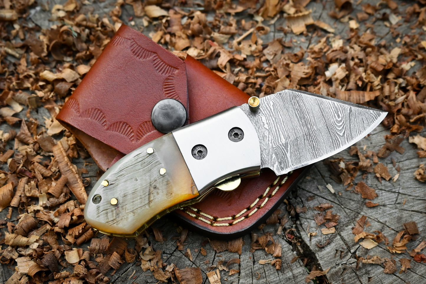 Davy Crockett – Hand Forged Damascus Steel Mini EDC Folding Knife – Ram Horn Handle