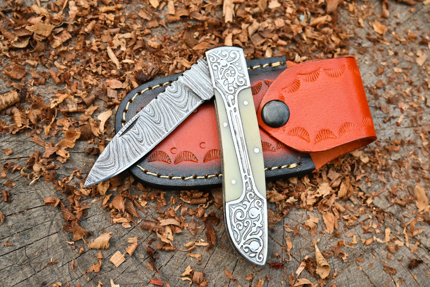 Ivory Edge – Hand Forged Damascus Steel Folding Pocket Knife – Camel Bone Handle & Leather Sheath