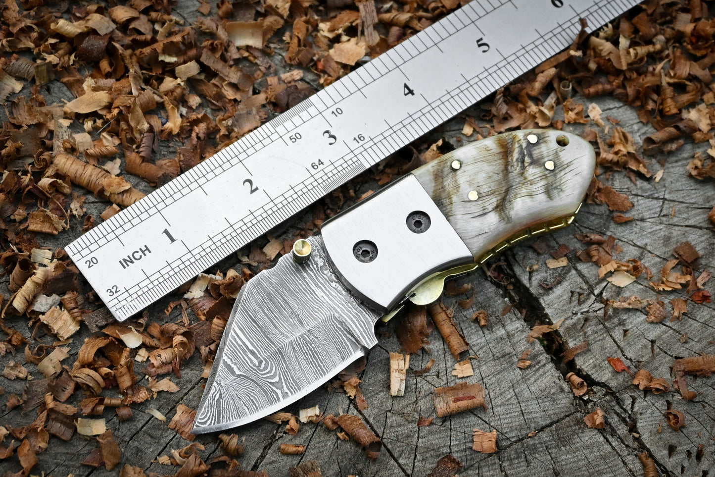 Davy Crockett – Hand Forged Damascus Steel Mini EDC Folding Knife – Ram Horn Handle
