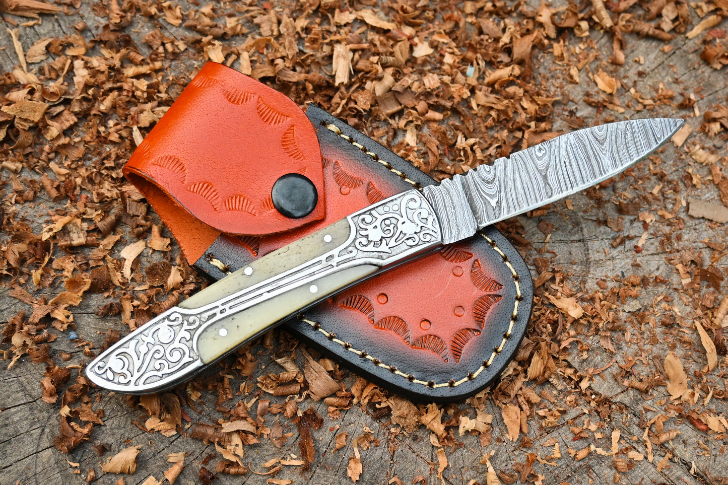 Ivory Edge – Hand Forged Damascus Steel Folding Pocket Knife – Camel Bone Handle & Leather Sheath