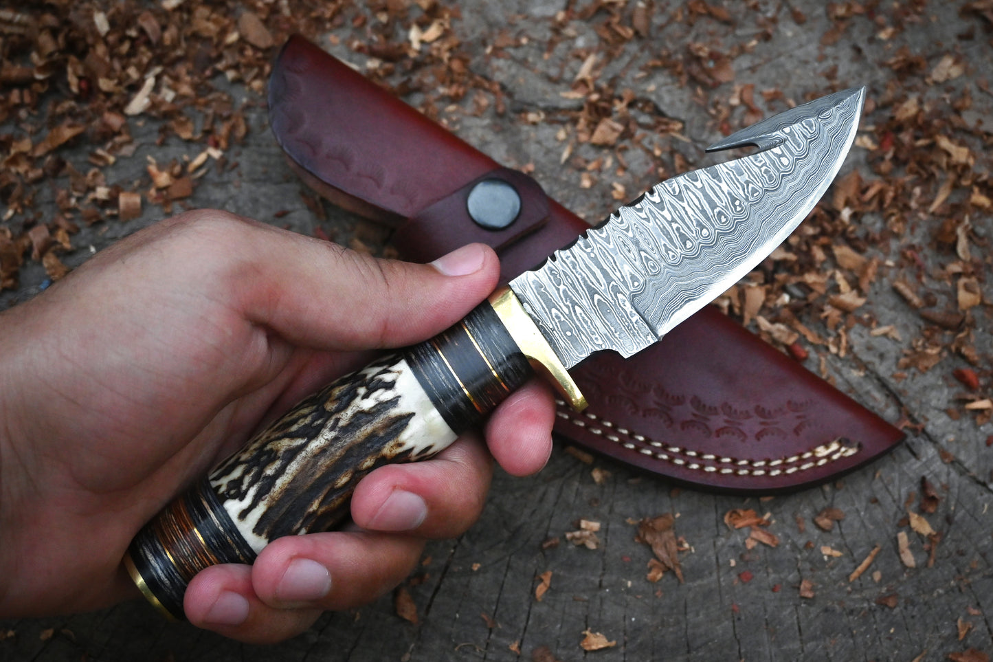 Trailblazer – Hand Forged Damascus Steel Hunting Knife – 9" Full Tang Blade & Leather Sheath