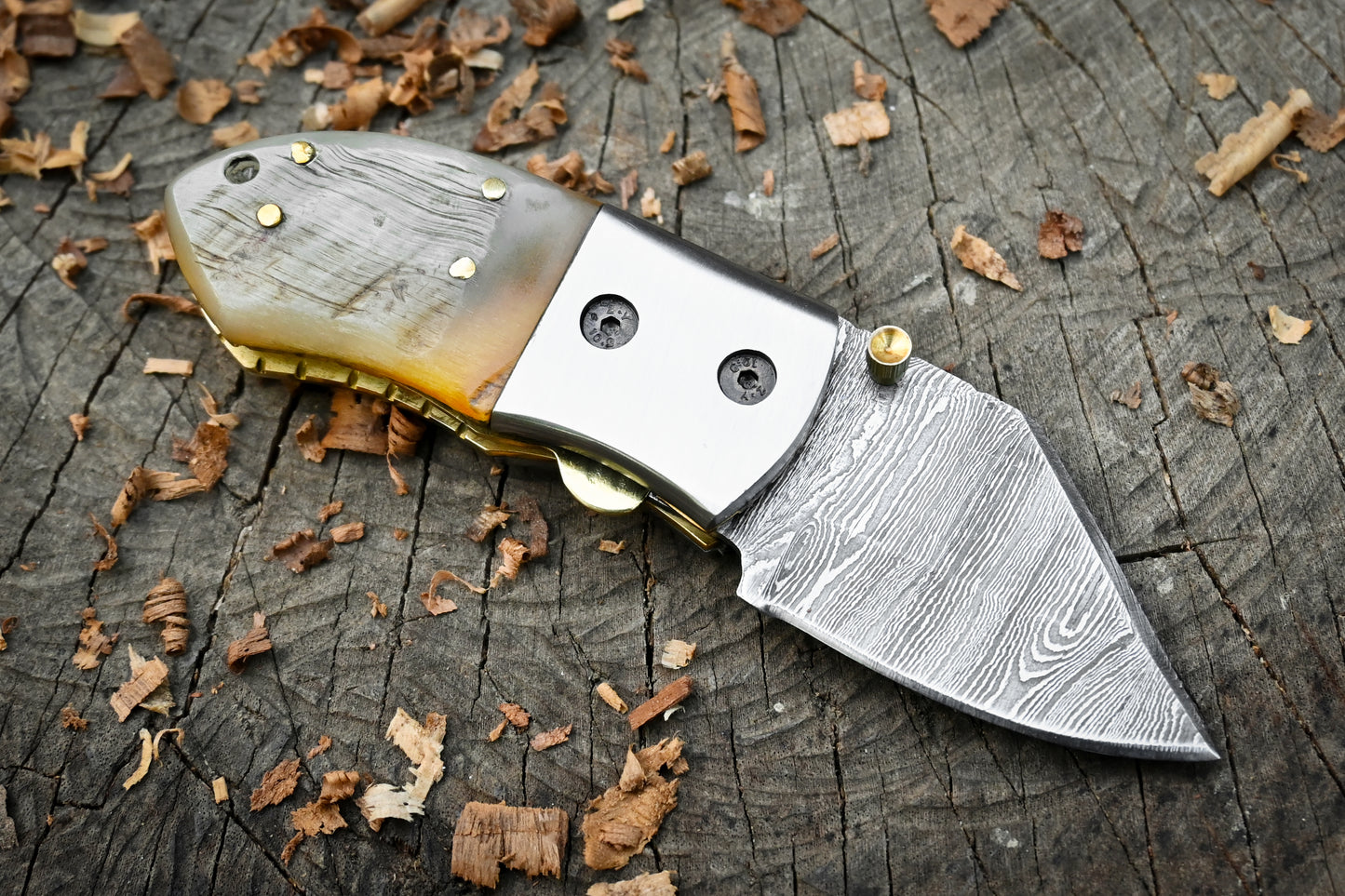 Davy Crockett – Hand Forged Damascus Steel Mini EDC Folding Knife – Ram Horn Handle