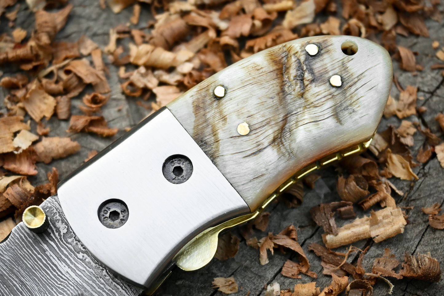 Davy Crockett – Hand Forged Damascus Steel Mini EDC Folding Knife – Ram Horn Handle