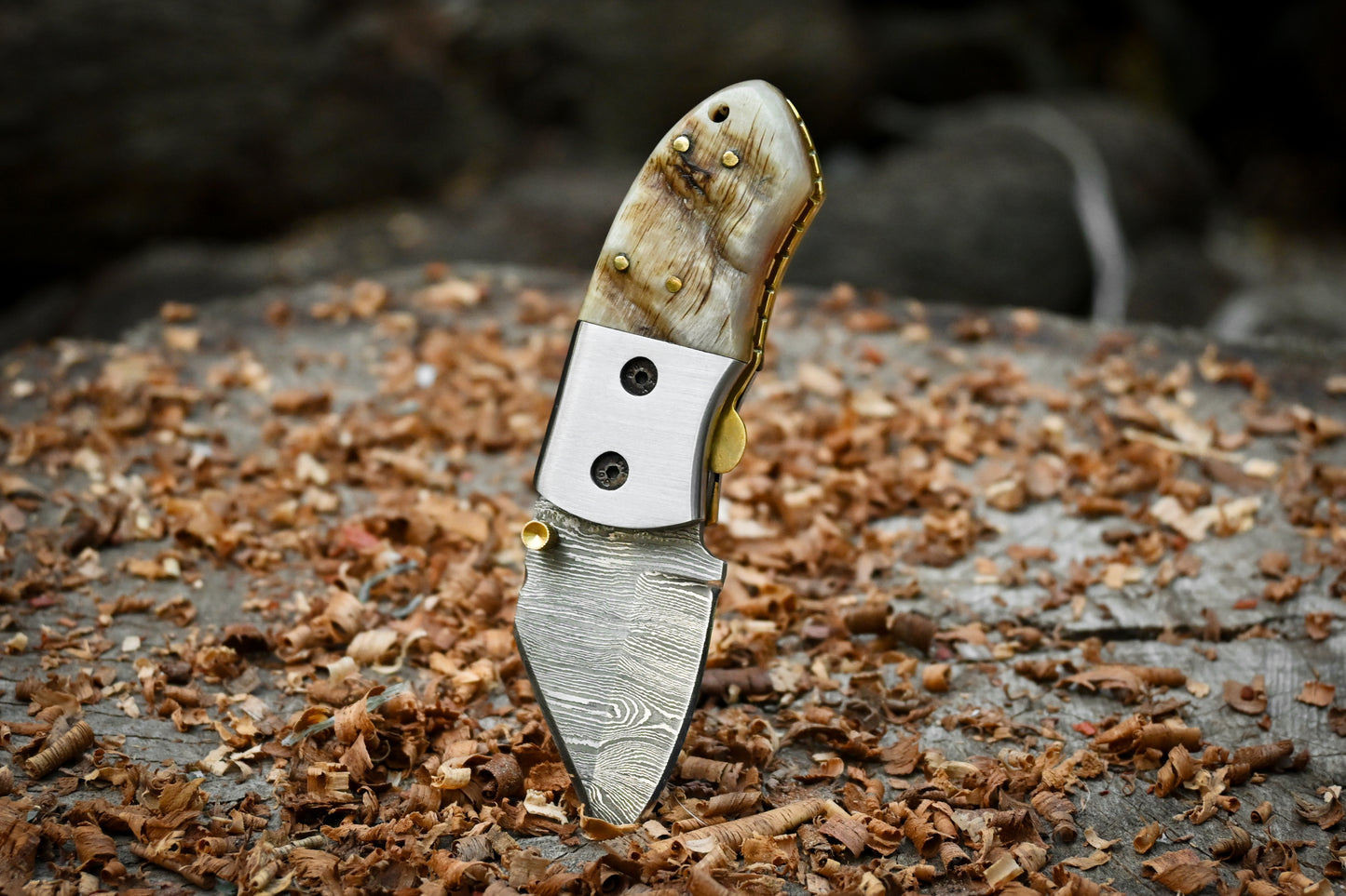 Davy Crockett – Hand Forged Damascus Steel Mini EDC Folding Knife – Ram Horn Handle