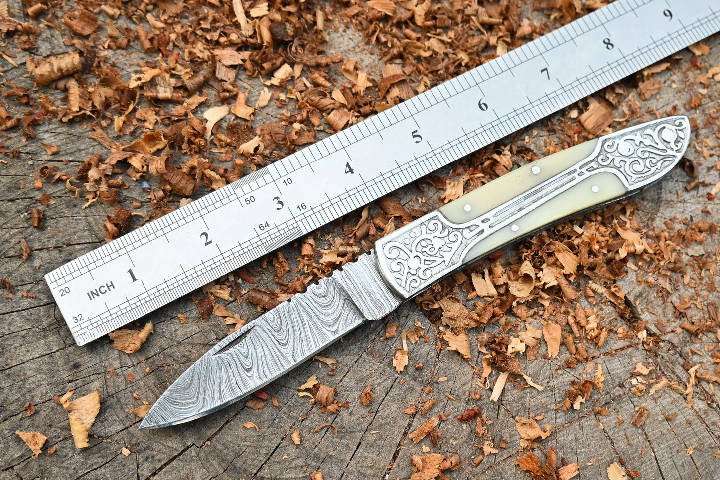 Ivory Edge – Hand Forged Damascus Steel Folding Pocket Knife – Camel Bone Handle & Leather Sheath