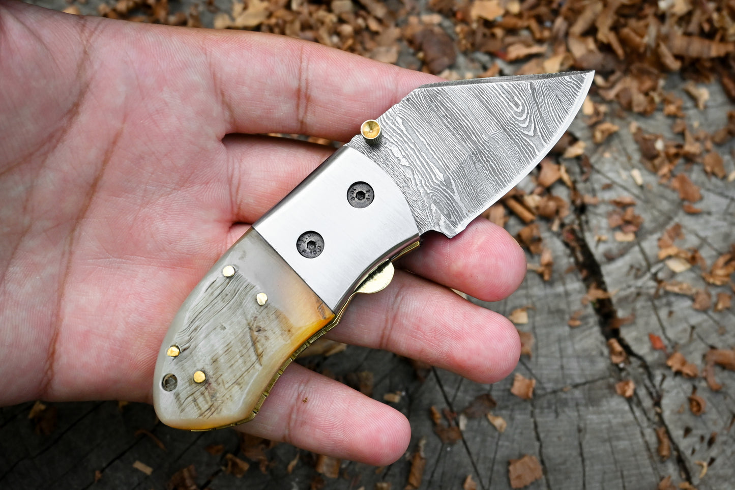 Davy Crockett – Hand Forged Damascus Steel Mini EDC Folding Knife – Ram Horn Handle