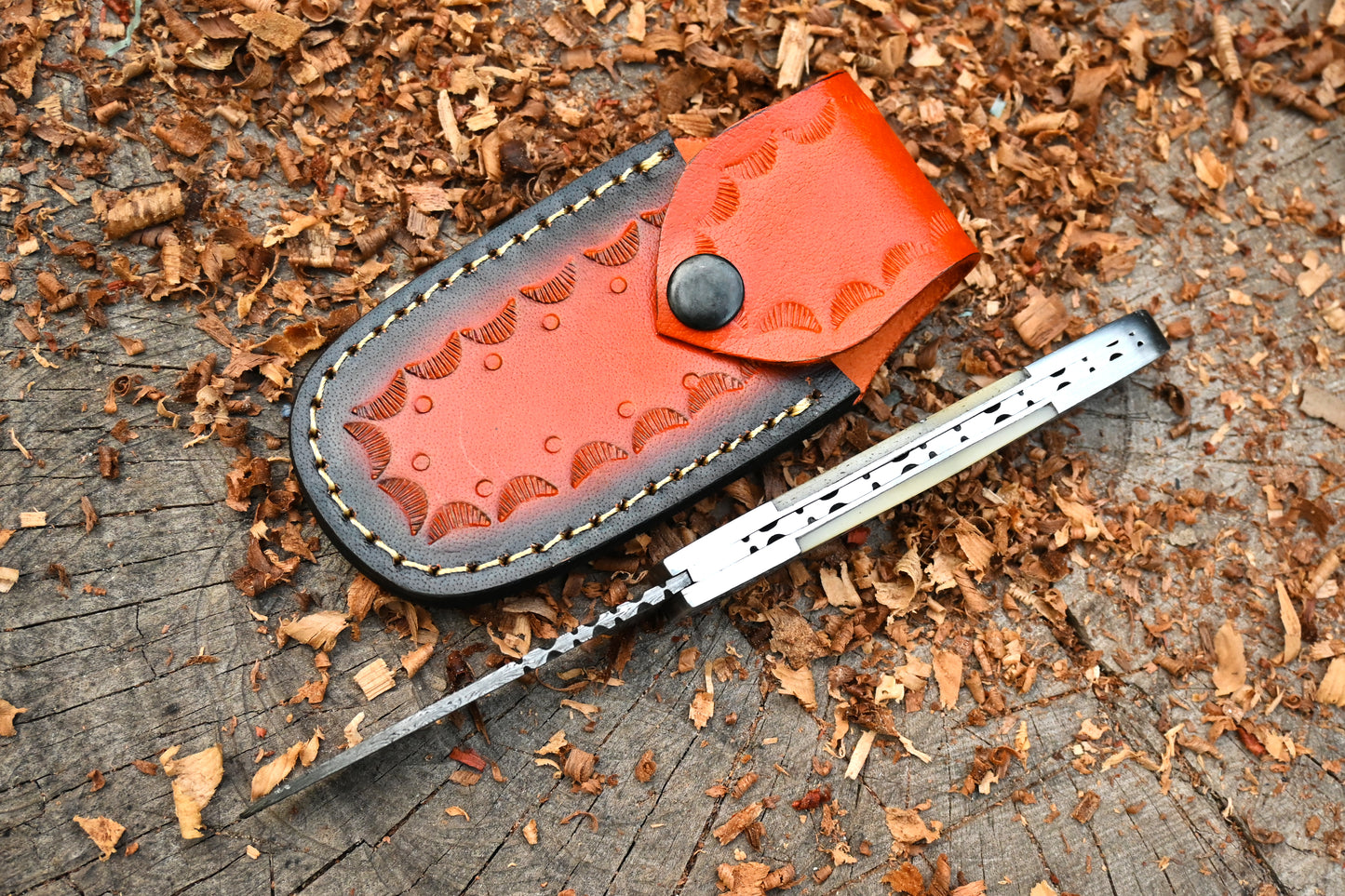 Ivory Edge – Hand Forged Damascus Steel Folding Pocket Knife – Camel Bone Handle & Leather Sheath