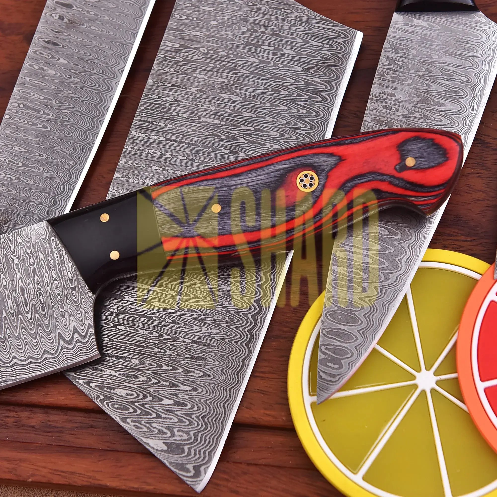 Crimson Vortex – 5-Piece Hand-Forged Damascus Chef Knife Set by Shard Blade