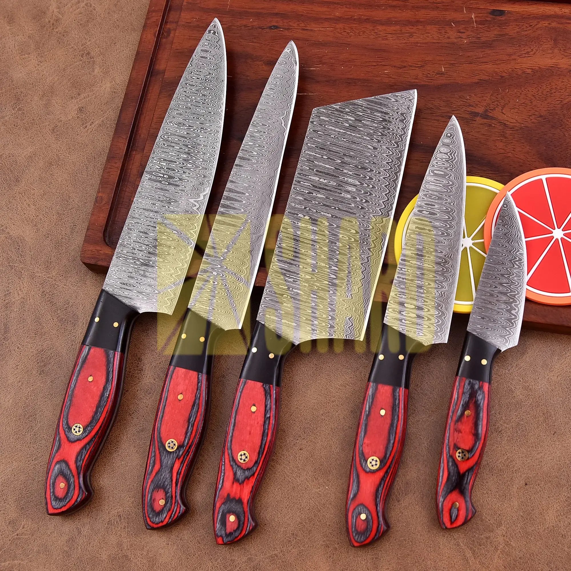 Crimson Vortex – 5-Piece Hand-Forged Damascus Chef Knife Set by Shard Blade