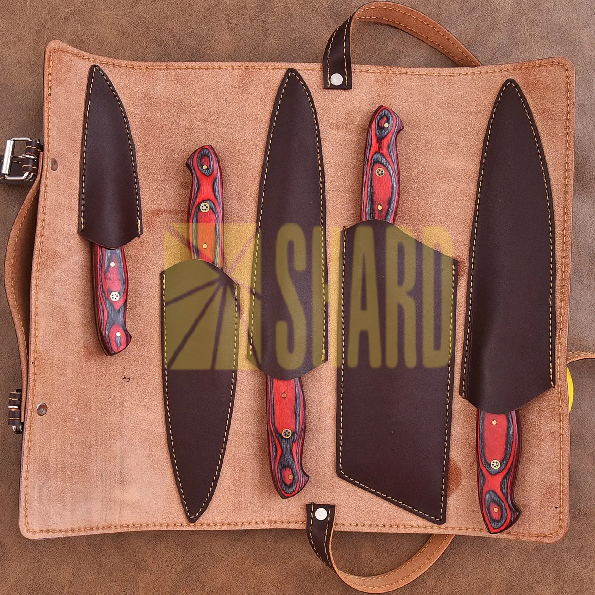 Crimson Vortex – 5-Piece Hand-Forged Damascus Chef Knife Set by Shard Blade