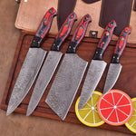 Crimson Vortex 5-piece Damascus chef knife set with red and black dyed wood handles and leather roll by Shard Blade