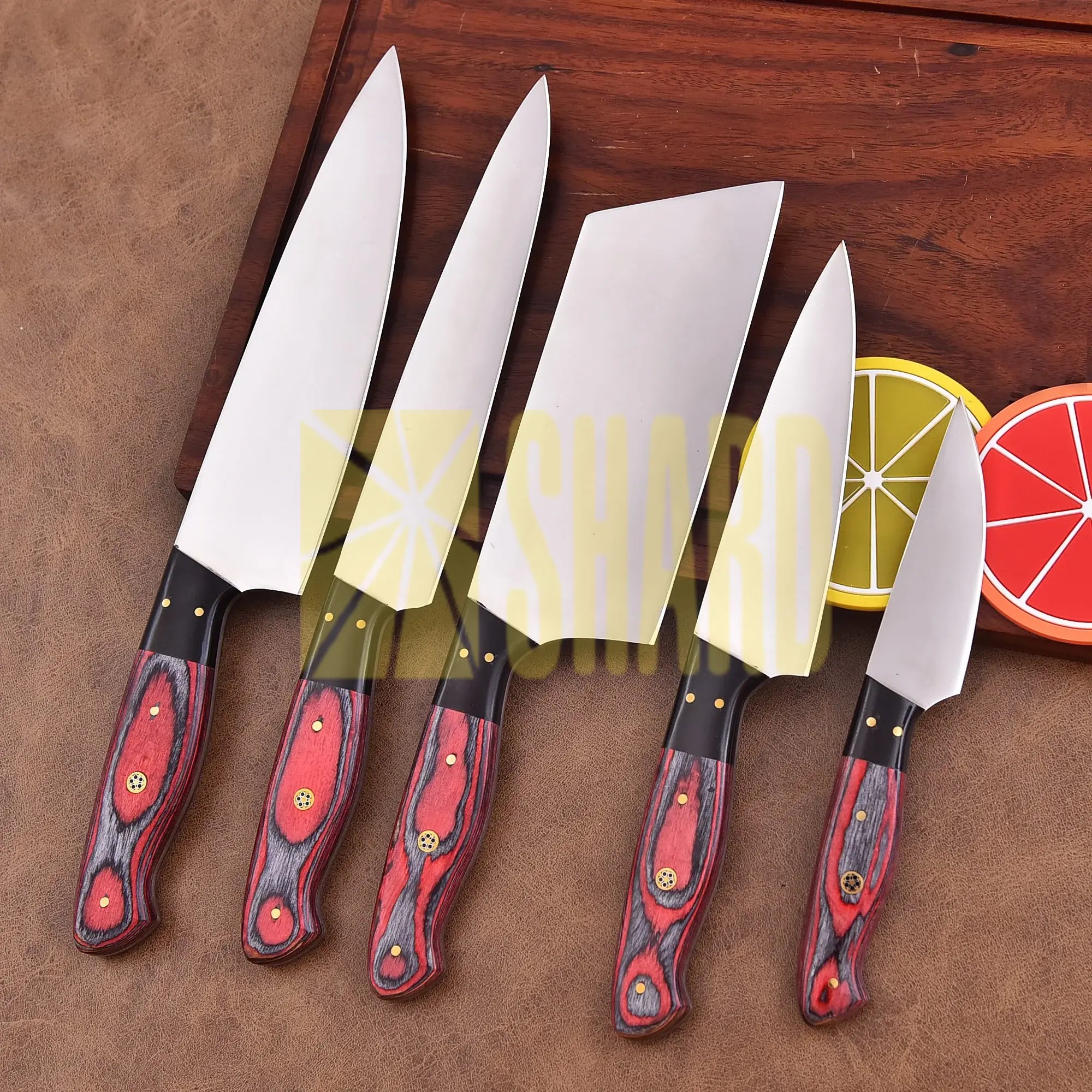 Inferna Veil – 5-Piece Hand-Forged Damascus Clear Blade Chef Knife Set by Shard Blade