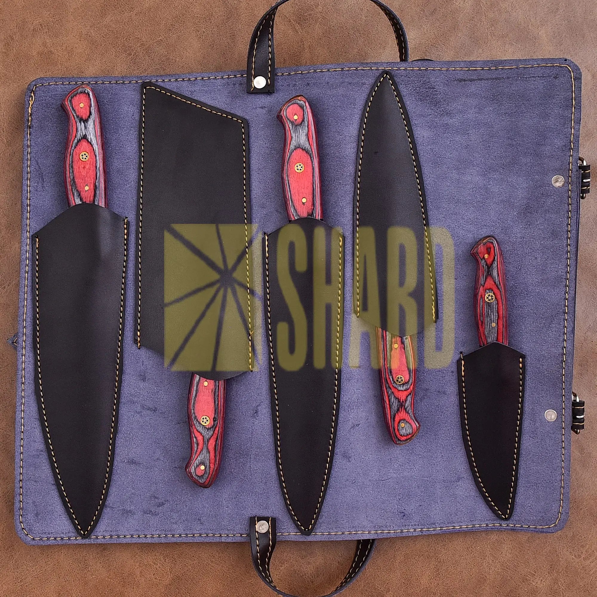 Inferna Veil – 5-Piece Hand-Forged Damascus Clear Blade Chef Knife Set by Shard Blade