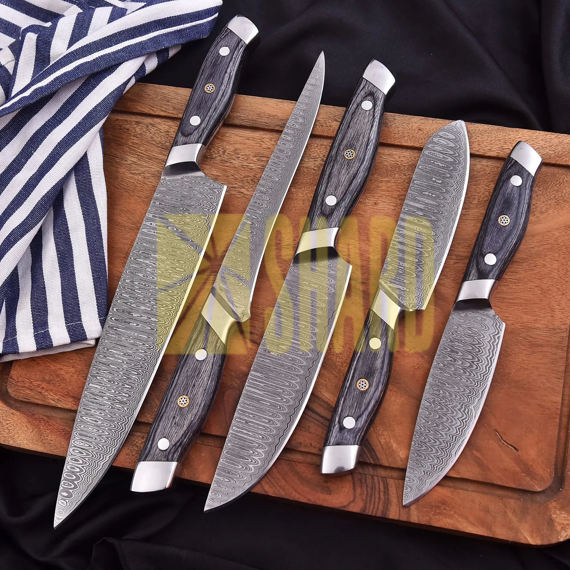 Obsidian Rain – 5-Piece Hand-Forged Damascus Raindrop Chef Knife Set by Shard Blade