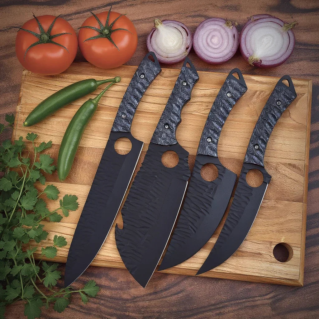 Shard Blade™ Black Ember Series – 4-Piece High Carbon Steel Chef Knife Set with Leather Roll