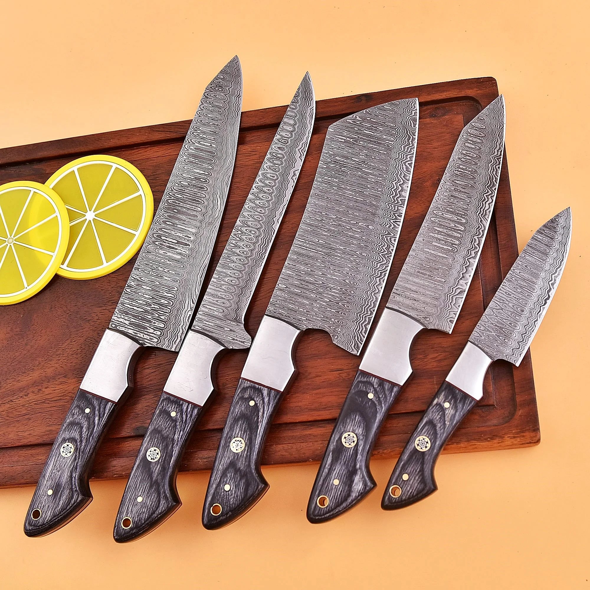 Shard Blade™ Eclipse Edge – 5-Piece Damascus Steel Chef Knife Set with Black Wood Handles & Leather Roll
