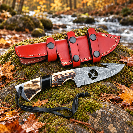 Elk Ridge Damascus Hunting Knife Stag Horn Handle Gut Hook Leather Sheath