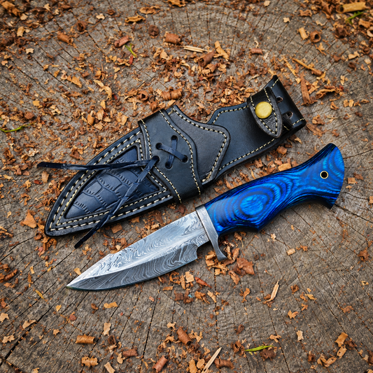 Azure Crest – Custom Hand Forged Damascus Knife with Feather-Pattern, Blue Handle & Leather Sheath
