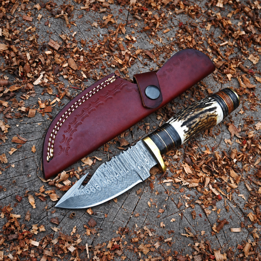 Ridgeline – Hand Forged Damascus Steel Hunting Gut Hook Knife with Stag Antler Handle & Leather Sheath