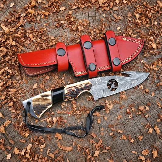 Stag Ridge – Hand Forged Fixed Blade Gut Hook Damascus Steel Knife With Leather Sheath