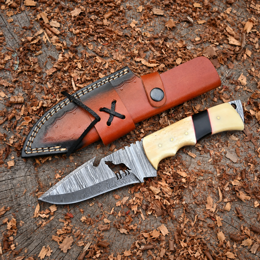 Lunar Haul- Full Tang Hand Forged Damascus Steel Skinner Knife with Bone Handle & Leather Sheath