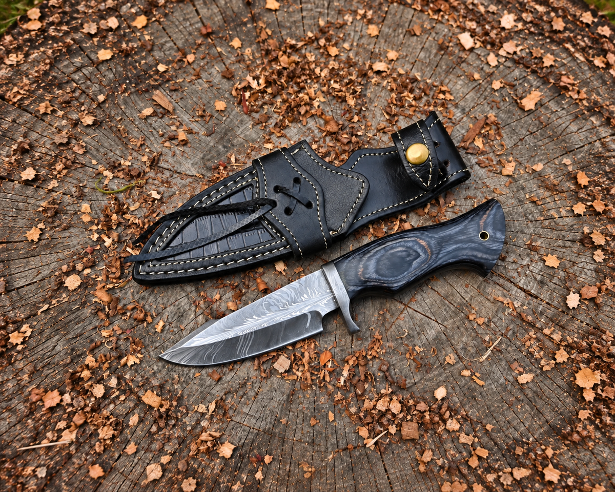 Nightfeather-Custom Hand Forged Damascus Knife with Feather-Pattern, Black Handle & Leather Sheath WildSteelHunt