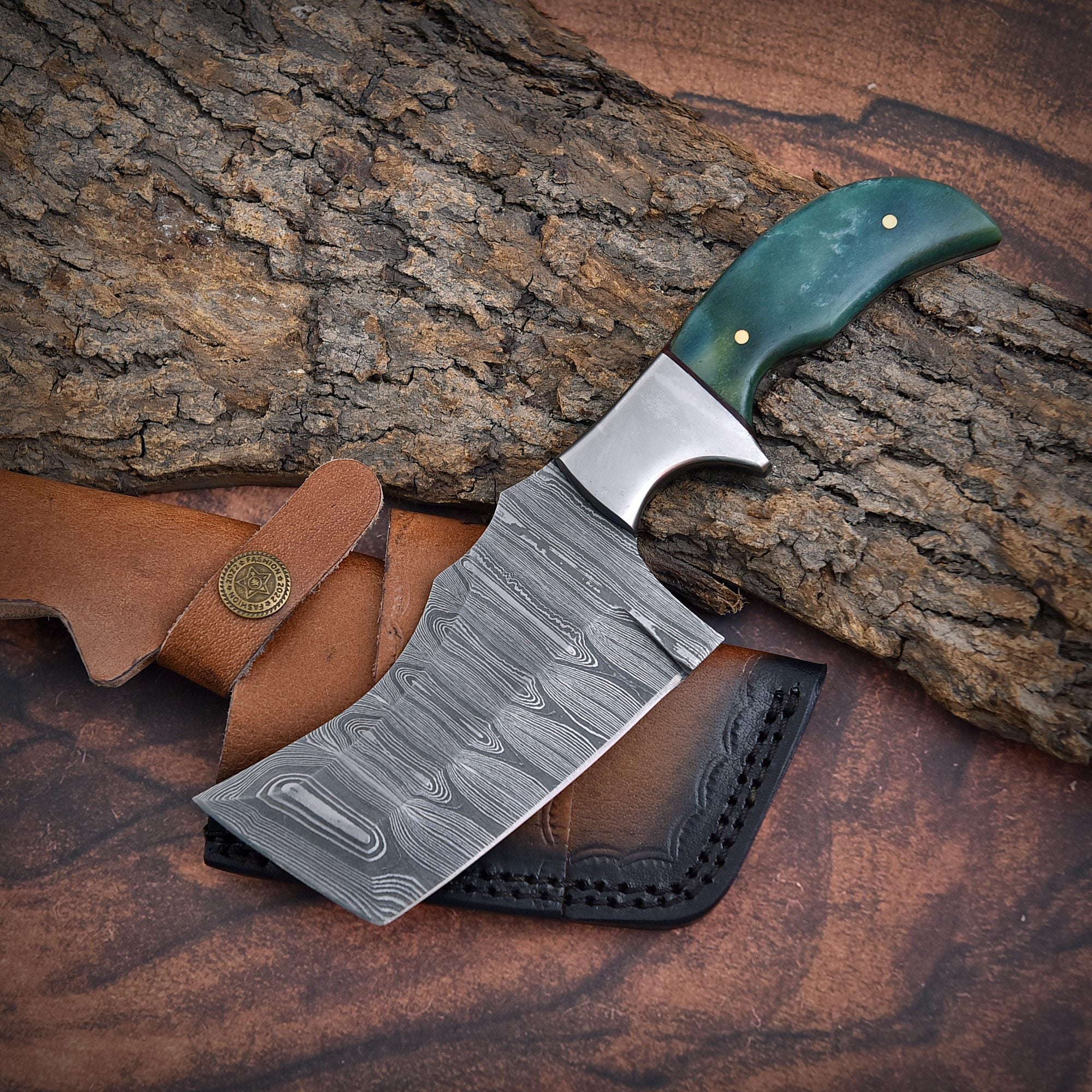 Shard Blade™ Greenhorn Rhino – Damascus Steel Culinary Cleaver with Green Bone Handle