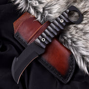 Shadowcrest Damascus Stag Knife with 9-inch curved blade, stag handle, and rear ring