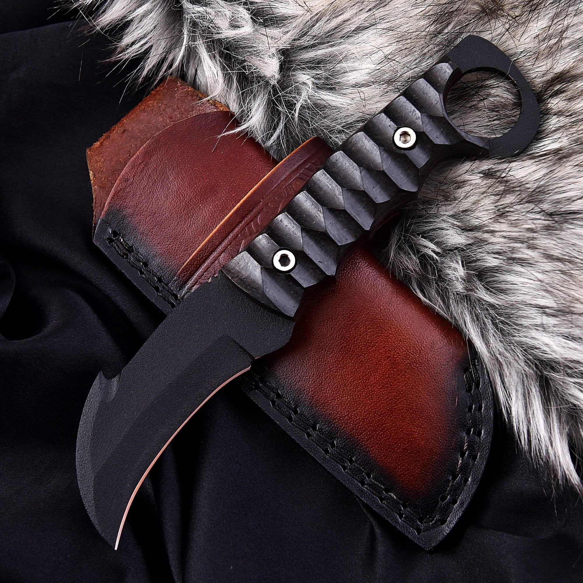 Shadowcrest Damascus Stag Knife with 9-inch curved blade, stag handle, and rear ring