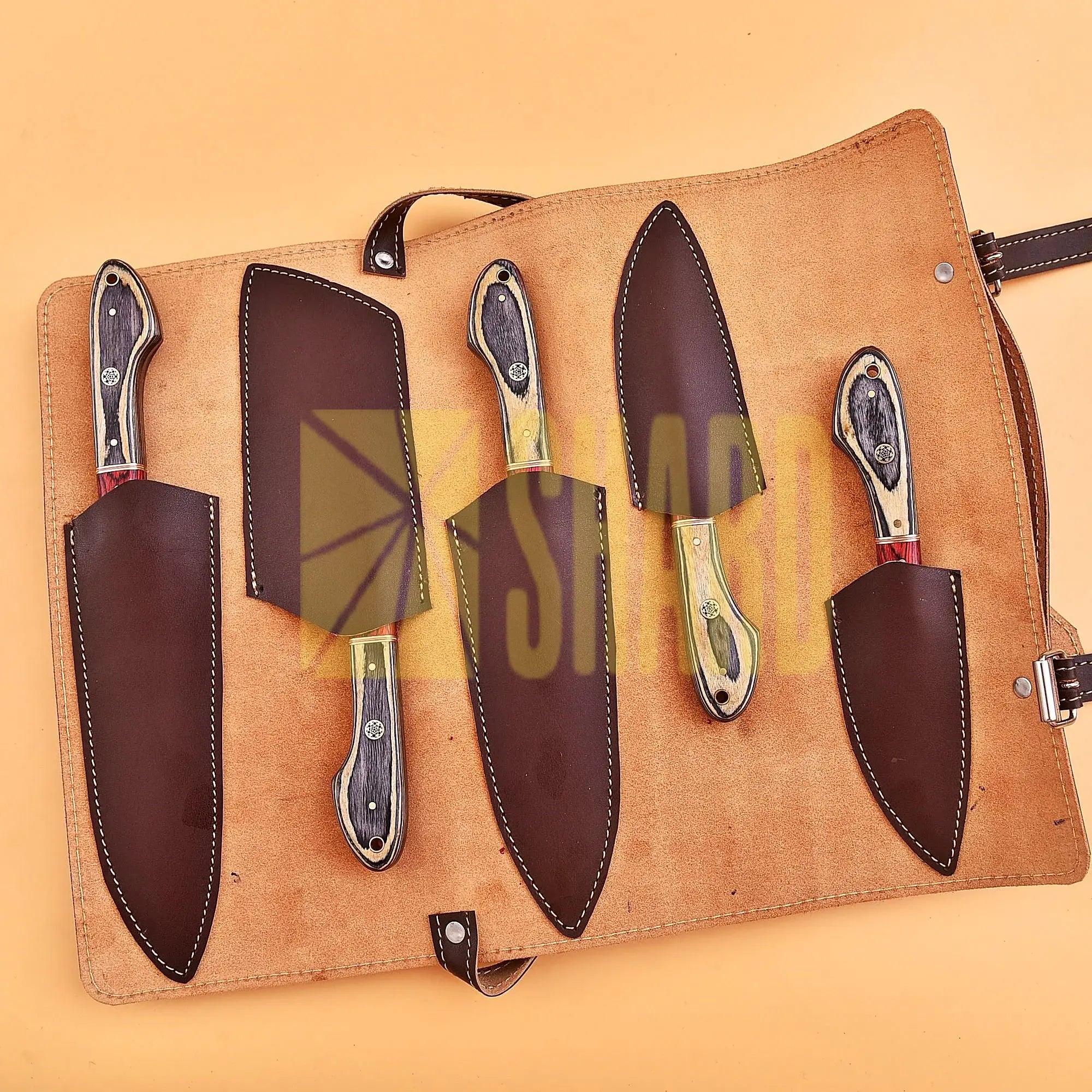 Shard Blade™ EmberEdge – 5-Piece Handmade Damascus Chef Knife Set with Rosewood Bolster & Distressed Handle